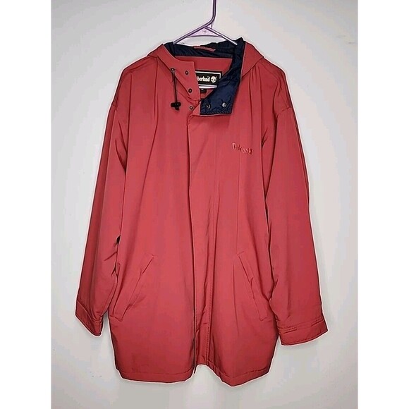 Timberland Jacket Mens Medium Rust Red Raincoat Waterproof with Hood EUC - Picture 1 of 7